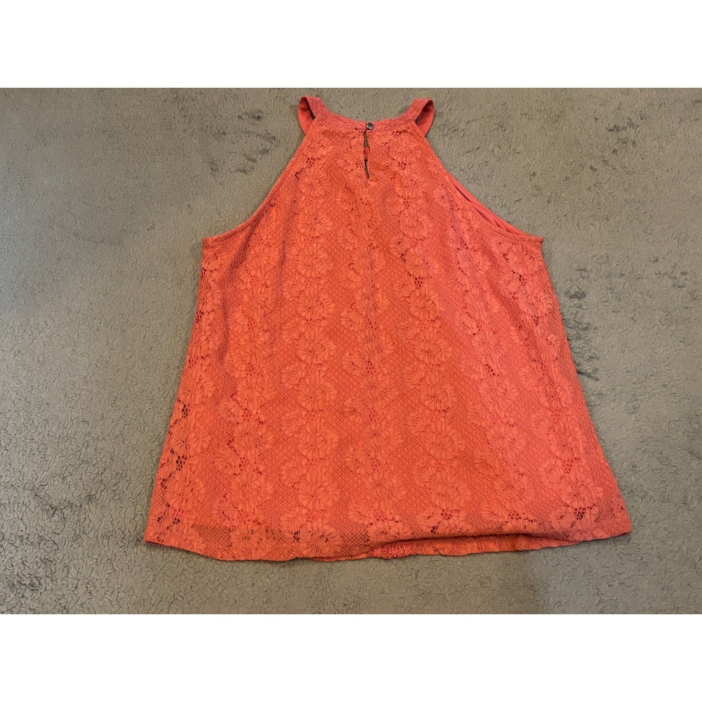 Cable & Gauge Coral Pink Floral Lace Halter Top Crochet Trim Keyhole Back Large - Picture 6 of 7